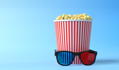 Wall Mural - Popcorn and 3D glasses on a blue background. Minimalist creative concept. Cinema, movie, entertainment concept. 3d render illustration