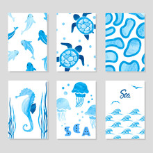 Watercolor Sea Cards Set In Blue Color. Marine Theme. Vector Sea Illustrations.