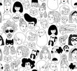 Hand drawn doodle set of people faces. Portraits of various men and women. Trendy black and white icons collection. Vector seamless pattern. Perfect for textile prints, wallpapers