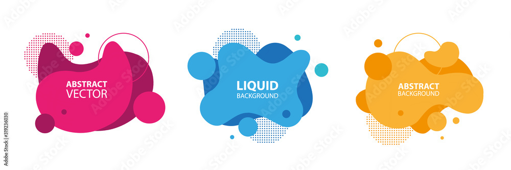 Set of abstract modern liquid forms and shapes with circles and dotted patterns. Fluid flat color design elements collection. Vector illustration. - obrazy, fototapety, plakaty 