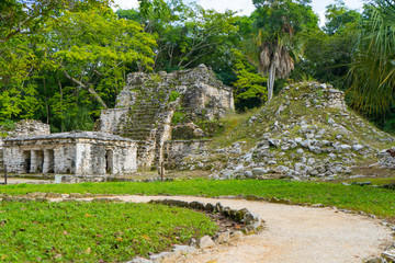 Wall Mural - Ruins of ancient Muyil. Architecture of ancient maya. View with temple and other old buildings, houses. Blue sky and lush greenery of nature. travel photo. Wallpaper or background. Yucatan. Mexico.