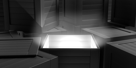 Wall Mural - Light out of a box on dark crates background. 3d illustration