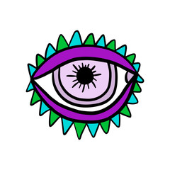 Wall Mural - Psychedelic violet green turquoise eye in cartoon comic stlye logo illustration