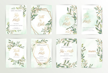 Wall Mural - Watercolor wedding set. Set of card with leaves and golden geometric frame. Design with forest green leaves, eucalyptus, fern. Floral Trendy templates for banner, flyer, poster, greeting. eps10