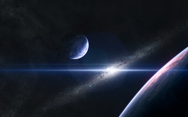 Wall Mural - planets on background of the galaxy disk in blue light. deep space. science fiction. elements of thi
