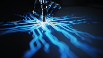 Digitalization Concept: Futuristic Robot Arm Interacting with Screen, Finger Touches Display and Activates Artificial Intelligence. Visualization of in Machine Learning, Computer Technology, Science
