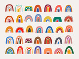 Abstract vector rainbow set. Hand drawn rainbows in minimalist scandinavian style. Modern baby, kid illustrations. Rainbow in different shapes.