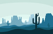 Desert sand landscape with mountains and cactus silhouette on the wild west texas blue color in flat cartoon style