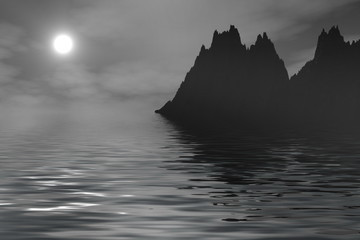 Wall Mural - seascape of the mountain moon through the clouds black and white. 3D rendering 3D illustration