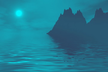 Wall Mural - seascape of the mountain moon through the clouds bllue color. 3D rendering 3D illustration