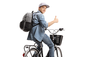 Poster - Guy riding a bicycle and holding his thumb up