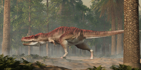 Aufkleber - Tarbosaurus was a carnivorous theropod dinosaur, a type of tyrannosaur, it lived during the Cretaceous in Mongolia. Here depicted in a forest.        3D Rendering.