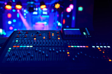 DJ work at a nightclub, Music club party, Concert equipment, a mixer and DJ console. The concept of disco, entertainment, holiday. Soft focus picture