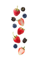 Wall Mural - Set of strawberry, blueberry and blackberry isolated on white cut out. Collage of whole blueberries, strawberries and blackberries isolated on white. Mixed berries with a copy space for text.