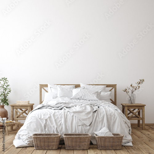 Cuadros en Lienzo Scandinavian farmhouse bedroom interior, wall mockup, 3d render