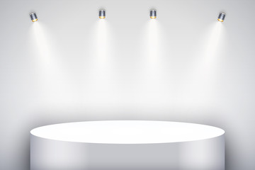 Wall Mural - White presentation circle podium on light backdrop with four spotlights. Editable Background Vector illustration.