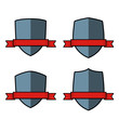 Blue shields set with red ribbons. Protection emblems. Security symbols