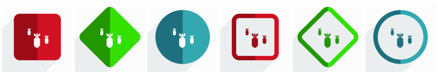 Aufkleber - Bomb, war, military, weapon icon set, flat design vector illustration in 6 options for webdesign and mobile applications in eps 10
