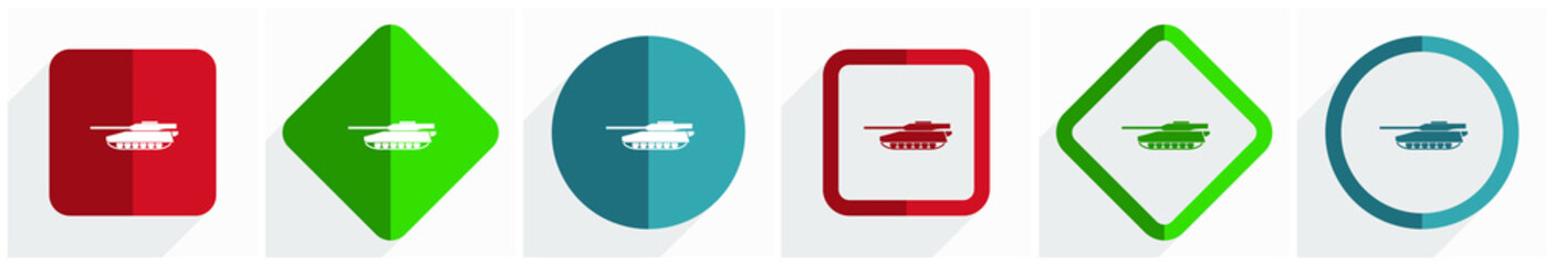 Aufkleber - Tank, army, military, war vehicle icon set, flat design vector illustration in 6 options for webdesign and mobile applications in eps 10