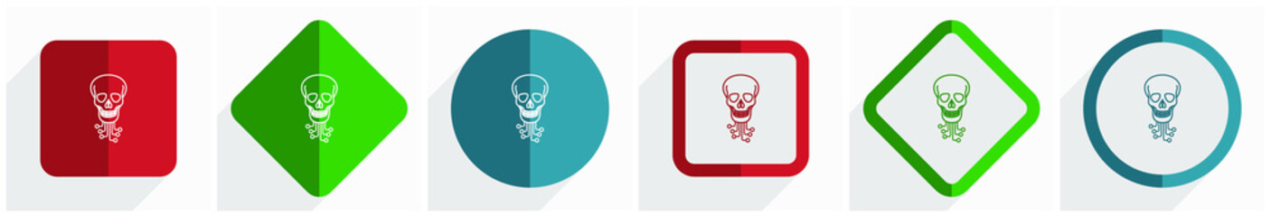 Aufkleber - Hack, virus, circuit, skull, hacker icon set, flat design vector illustration in 6 options for webdesign and mobile applications in eps 10