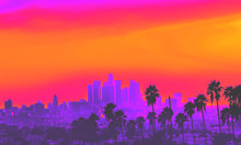 Downtown Los Angeles Skyline At Sunset With Palm Trees In The Foreground Synth Wave Style