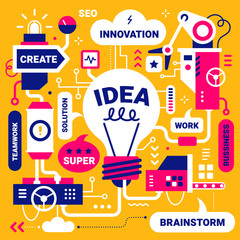 Vector business creative illustration of work mechanism of light bulb with tag word on bright color background.