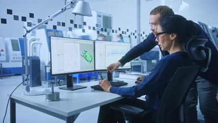 Aufkleber - Modern Electronics Factory: Male Supervisor Talks to a Female Electrical Engineer who Works on Computer with CAD Software. Developing PCB, Microchips, Semiconductors and Telecommunications Equipment
