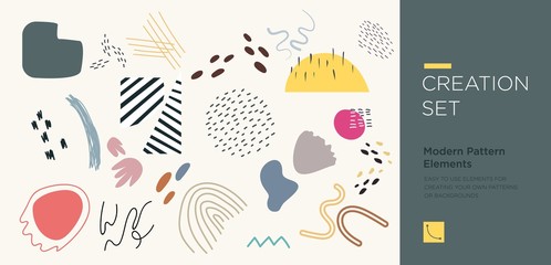 Set of abstract trendy hand drawn shapes and design elements. Pattern Creation set