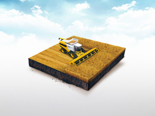 3d illustration of a soil slice, combine wheat harvesting on wheat field isolated on white backgroun