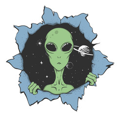 Wall Mural - alien looks out from the hole of space to us