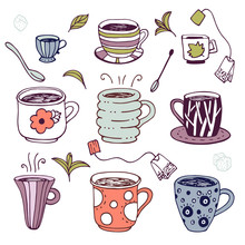 Funny Tea Cups Of Different Shapes In Doodle Style