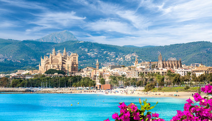 Wall Mural - landscape with beach and palma de mallorca town, spain