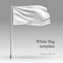 White Flag Stand On Steel Pole  Template Isolated On Gray. Realistic Vector Illustration Waving Fabric In The Wind On Metal Pillar.  