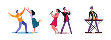 Set Of Man And Woman Dancing And Singing. Flat Vector Illustrations Of Performer Playing On Keyboard. Music Concert, Performance, Entertainment Concept For Banner, Website Design Or Landing Web Page