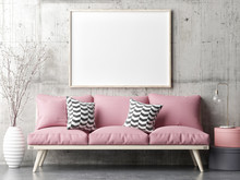 Mock Up Poster In Living Room With Pink Sofa Texture, 3d Render, 3d Illustration