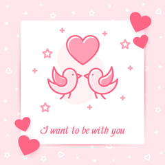 Wall Mural - Two birds kiss valentine card heart love text icon