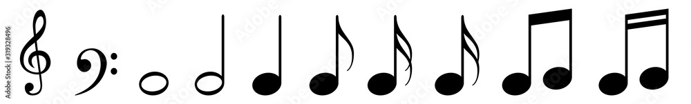 Music Notes Icon Black | Note Illustration | Clef Symbol | Sound Logo | Tone Sign | Isolated | Variations - obrazy, fototapety, plakaty 