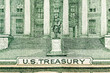 Macro close up photograph of the US Treasury Building on the US Ten Dollar Bill.