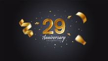 29th Anniversary Celebration Gold Numbers With Dotted Halftone, Shadow And Sparkling Confetti. Modern Elegant Design With Black Background. For Wedding Party Event Decoration. Editable Vector EPS 10