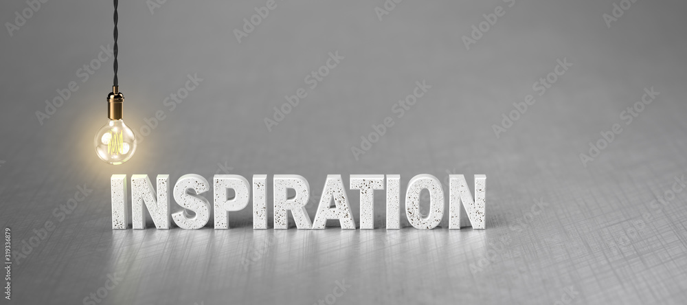 the word INSPIRATION and a light bulb on brushed aluminum background - obrazy, fototapety, plakaty 