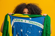 © Brastock Images - Misterious black woman fan holding a Brazilian flag in your face. Brazil colors in background, green, blue and yellow. Elections, soccer or politics.