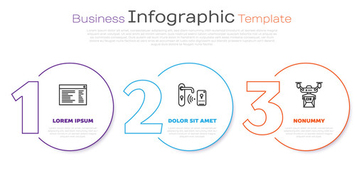 Set line Software, web developer programming code, Digital door lock with wireless technology for unlock and Drone delivery concept. Business infographic template. Vector