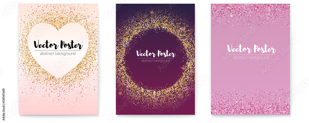 Set of posters with chic sparkle sequins. Template for events, parties and actions with golden and pink glittering. 3d vector illustration, eps10 - obrazy, fototapety, plakaty 