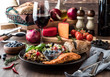 © Carey - Mediterranean meal including greek salad, seven grain salad, salmon and blueberries. Mediterranean diet concept.