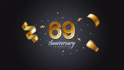 69th anniversary celebration Gold numbers with dotted halftone, shadow and sparkling confetti. modern elegant design with black background. for wedding party event decoration. Editable vector EPS 10