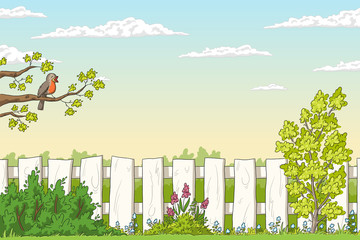 Spring landscape with bird and flowers. Hand drawn vector illustration with separate layers.