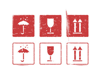 Wall Mural - Logistics rubber inky stamp set for cargo. Fragile, this way up, handle with care, keep dry. Vector grungy illustration with arrow, glass and umbrella. Usable as box signs