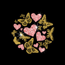 Round Of Golden, Pink Glitter Hearts And Butterflies. Beautiful Silhouettes On White Background. For Valentines Day, Wedding Invitations, Cards, Branding, Label, Concept Design. Vector Illustration.