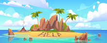 Lost Island In Ocean With Alone Castaway Person Asking For Help. Vector Cartoon Sea Landscape Witn Tropical Island With Palms, Rocks And Sand Beach With Bonfire.