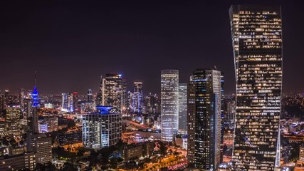 Wall Mural - Night Tel Aviv business city center birds view, Israel, 4k aerial hyperlapse